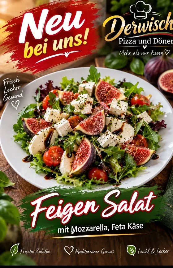Neu bei uns: Feigensalat mit Mozzarella und Fetakäse, Tomaten, Rucola und Balsamico.