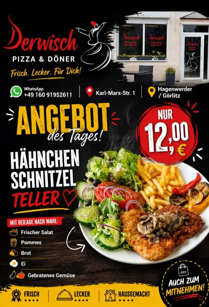 Angebot des Tages: Hähnchenschnitzel-Teller für 12,00 € mit Beilage nach Wahl – frischer Salat, Pommes, Brot, Ei oder gebratenes Gemüse. Auch zum Mitnehmen.
