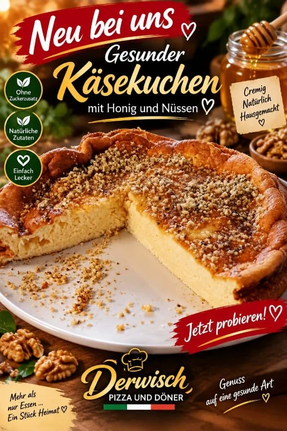 Neu bei uns: hausgemachter Käsekuchen mit Honig und Walnüssen.